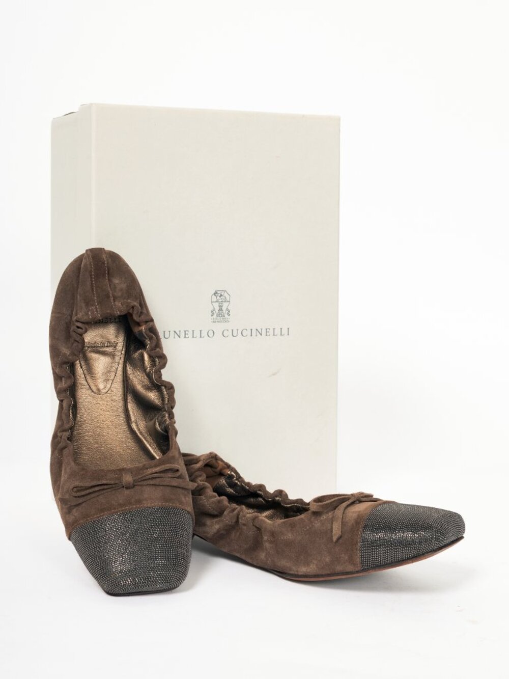 Brunello Cucinelli Brown Suede Monili-Cap-Toe Bow Flats - Picture 10 of 10